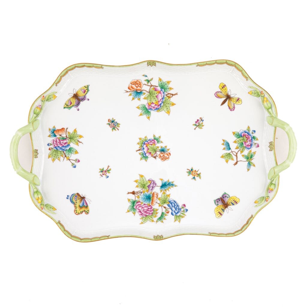 Herend Queen Victoria Rec Tray With Branch Handles Trays Herend Green