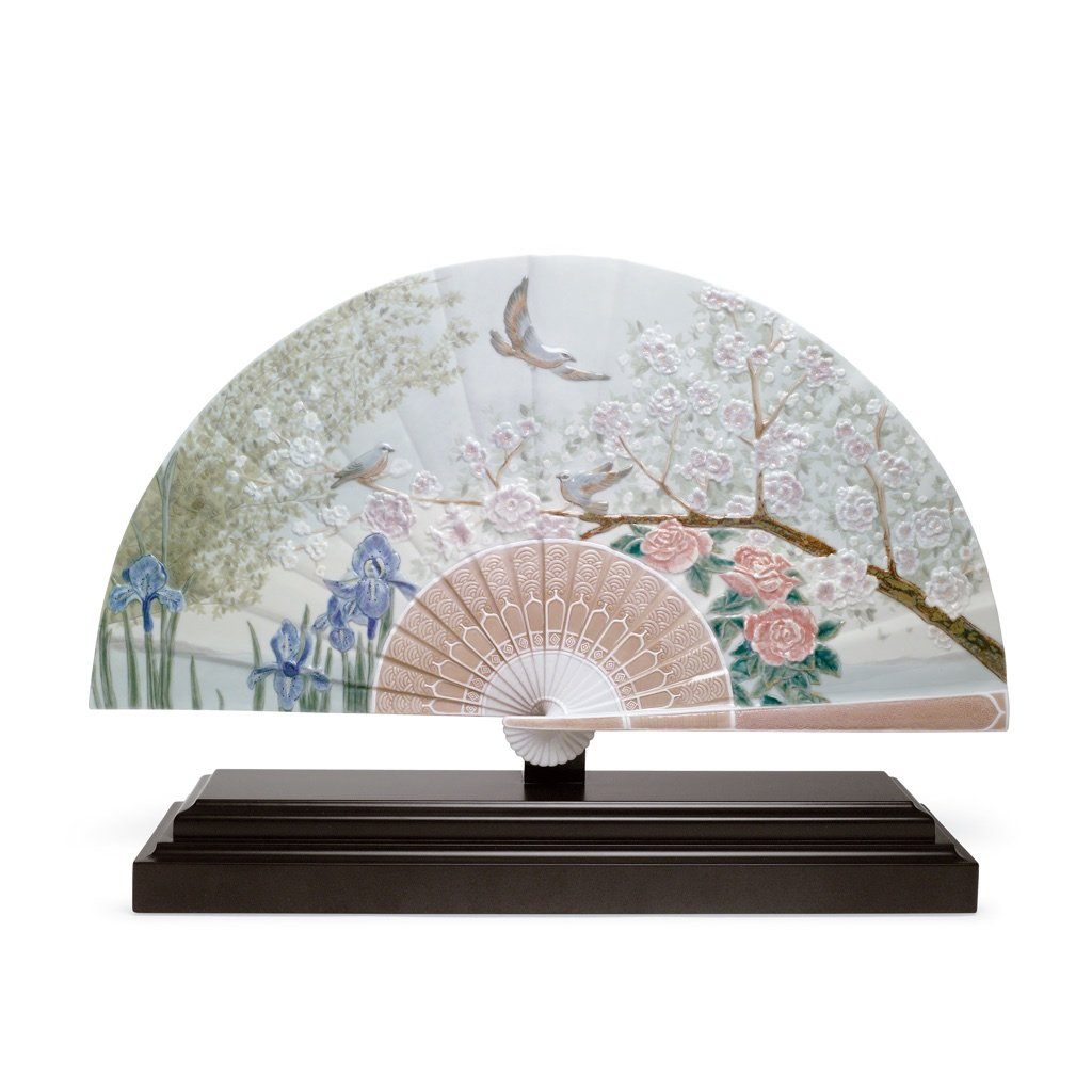 Lladro Porcelain Iris And Cherry Flowers Fan LE 2000 Sculptures Lladro