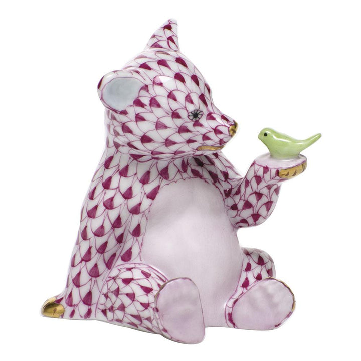 Herend Bear W/Bird Figurines Herend Raspberry (Pink)