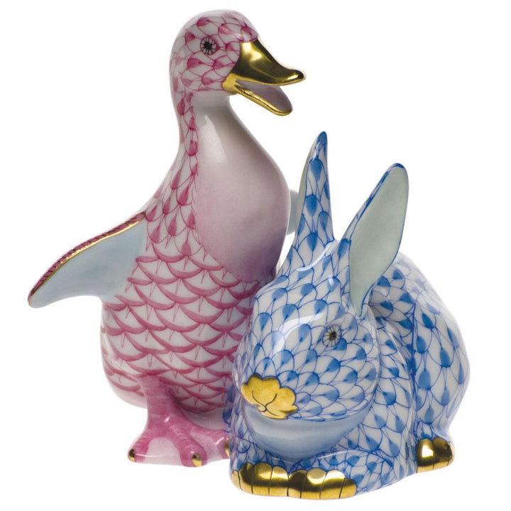 Herend Duckling & Bunny Figurines Herend Raspberry (Pink) + Blue