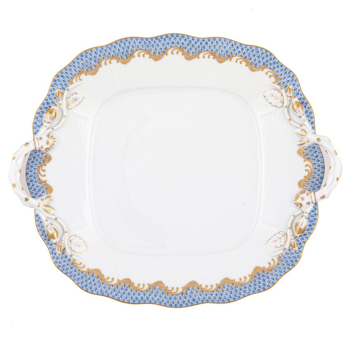 Herend Fish Scale Square Cake Plate With Handles Dinnerware Herend Light Blue 
