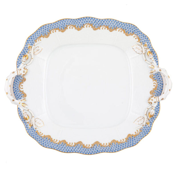 Herend Fish Scale Square Cake Plate With Handles Dinnerware Herend Light Blue 