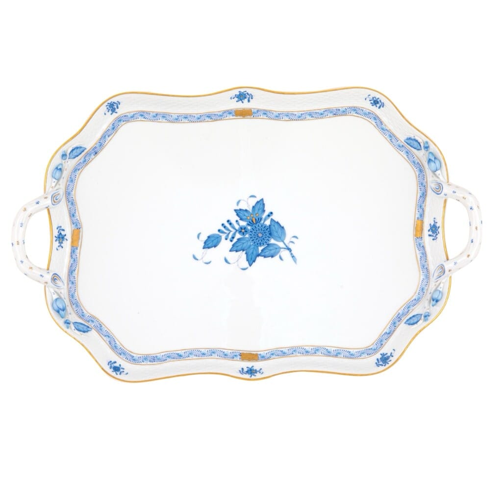 Herend Chinese Bouquet Rectangular Tray With Branch Handles Trays Herend Blue 