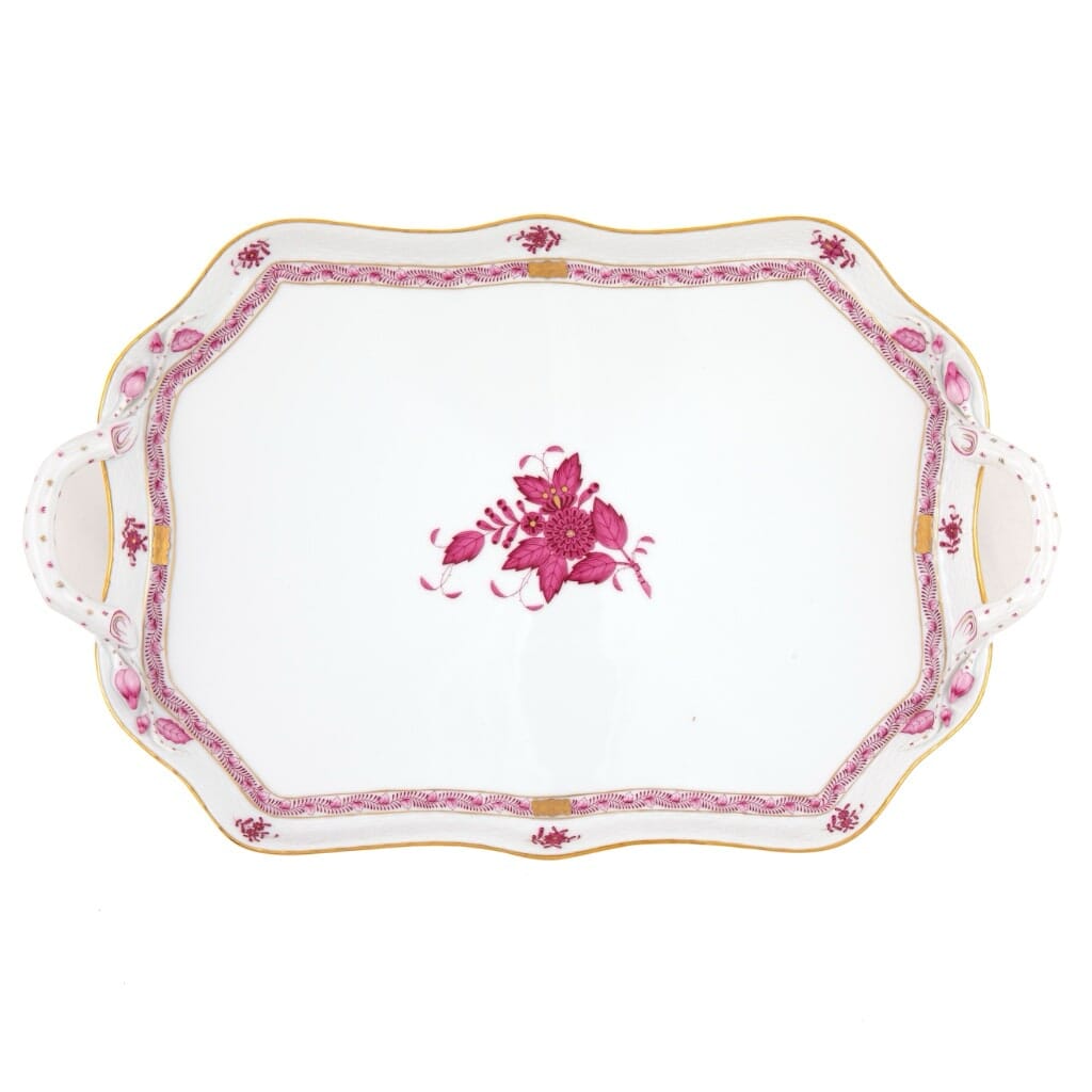 Herend Chinese Bouquet Rectangular Tray With Branch Handles Trays Herend Raspberry 
