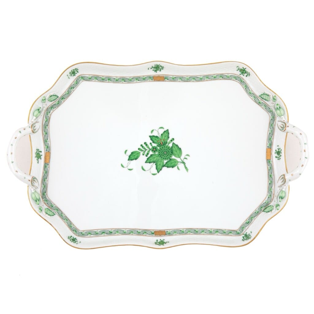 Herend Chinese Bouquet Rectangular Tray With Branch Handles Trays Herend Green 