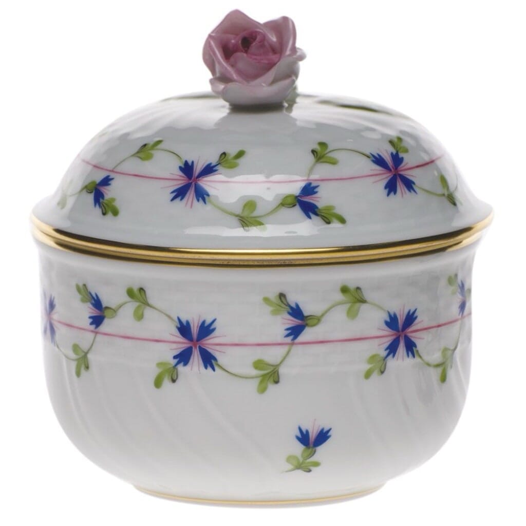 Herend Blue Garland Covered Sugar With Rose Dinnerware Herend 