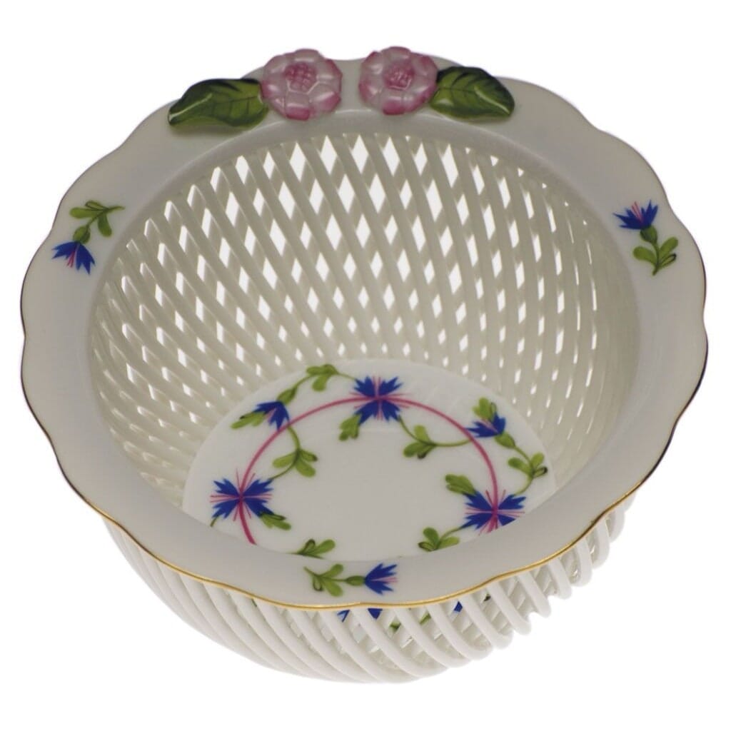 Herend Blue Garland Openwork Basket With Flowers Dinnerware Herend 