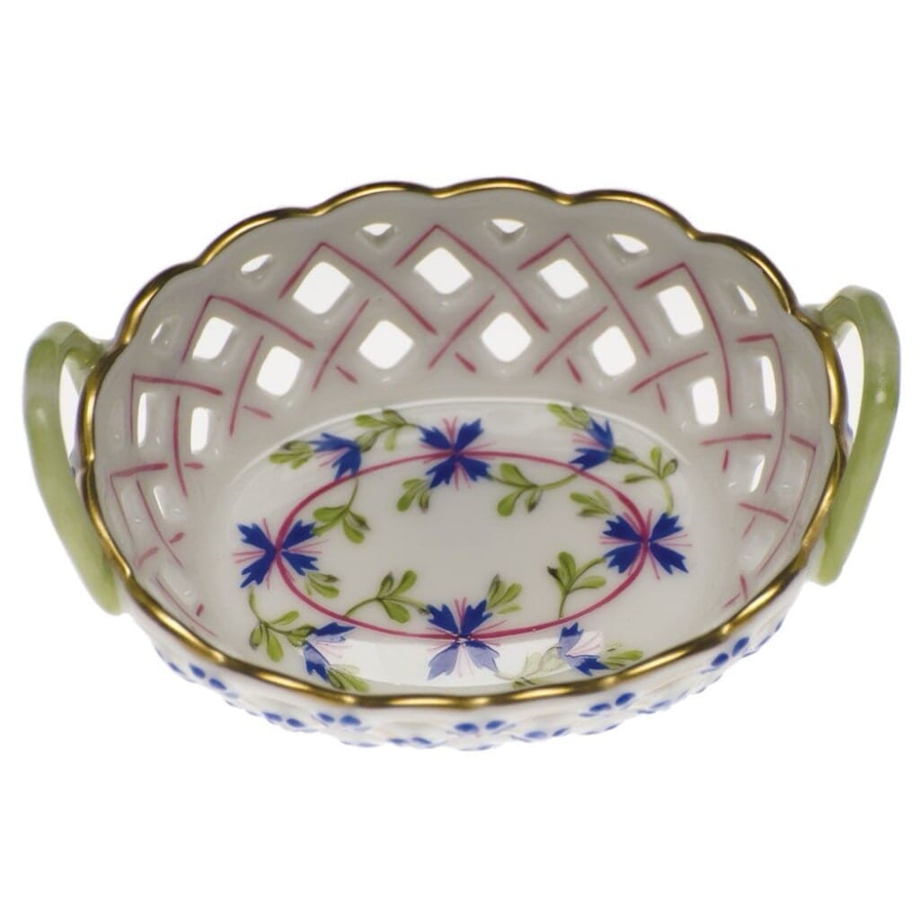Herend Blue Garland Small Openwork Basket With Handle Dinnerware Herend 