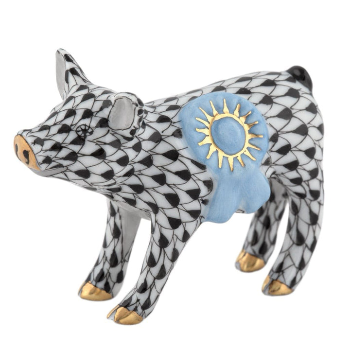 Herend Blue Ribbon Pig Figurine Figurines Herend Black 