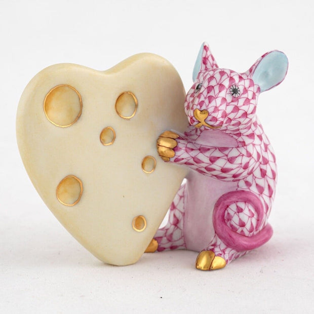 Herend Mouse With Heart Cheese Figurine Figurines Herend Raspberry (Pink) 