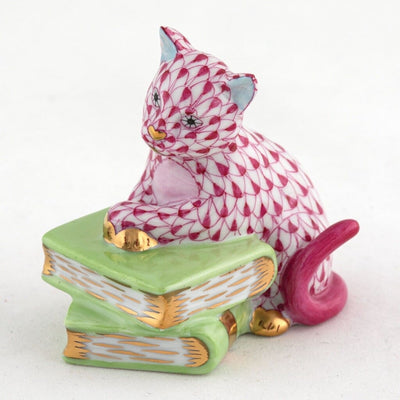 Herend Cat On Books Figurine Figurines Herend Raspberry (Pink) 