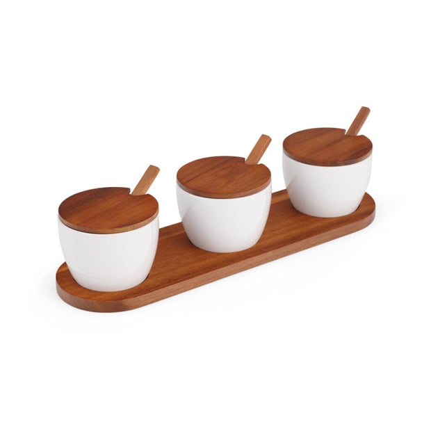 Nambe Duets Triple Condiment Server With Lids & Spoons Servers Nambe 