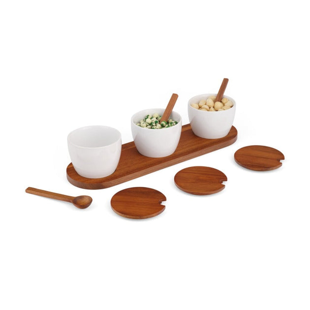 Nambe Duets Triple Condiment Server With Lids & Spoons