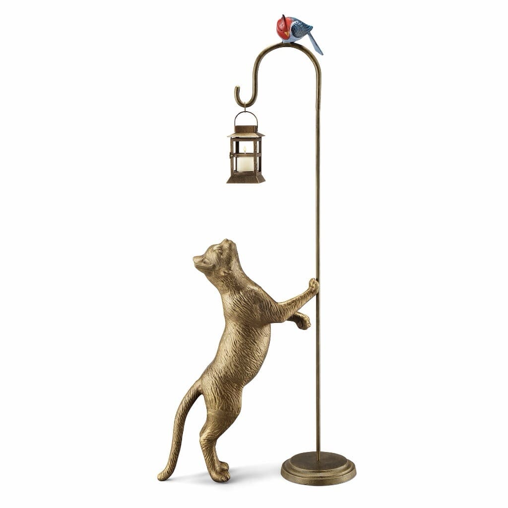 SPI Garden Snacktime Cat with Bird Lantern Sculptures SPI 