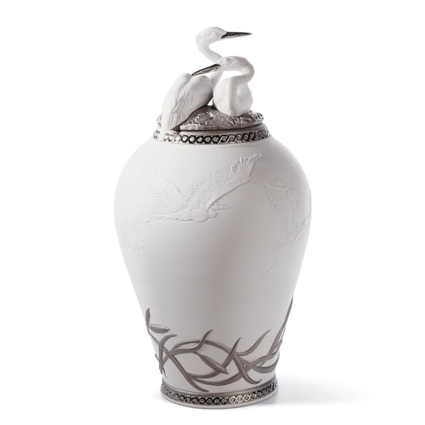 Lladro Porcelain Herons' Realm Covered Vase - Silver Luster Vases Lladro 