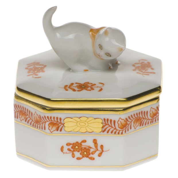 Herend Small Octagonal Box - Cat Figurines Herend Chinese Bouquet Rust 