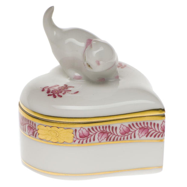 Herend Heart Box W/Cat Figurines Herend Chinese Bouquet Raspberry 