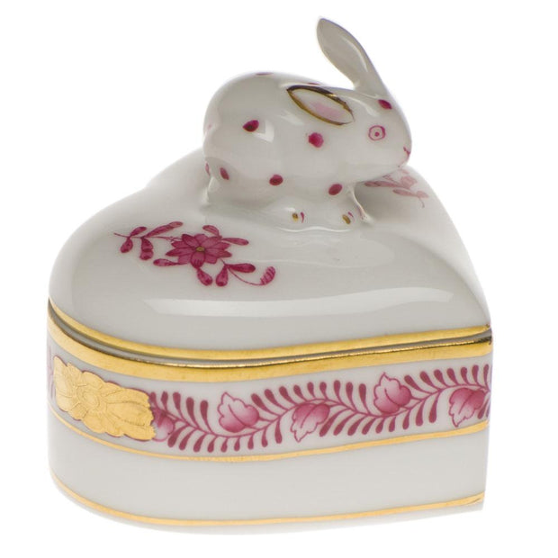 Herend Heart Box W/Bunny Figurines Herend Chinese Bouquet Raspberry 