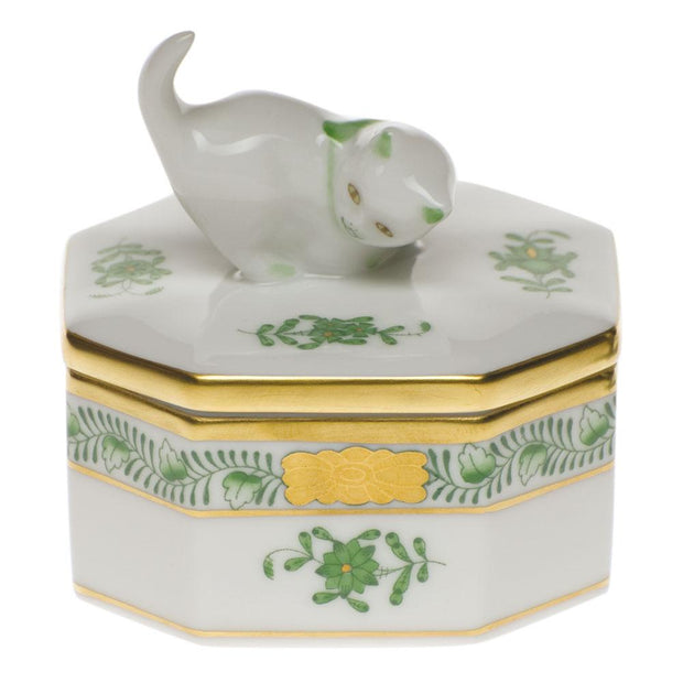 Herend Small Octagonal Box - Cat Figurines Herend Chinese Bouquet Green 