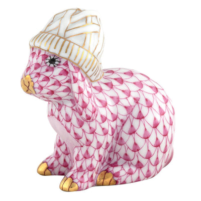 Herend Bunny With Winter Hat Figurine Figurines Herend Raspberry (Pink) 