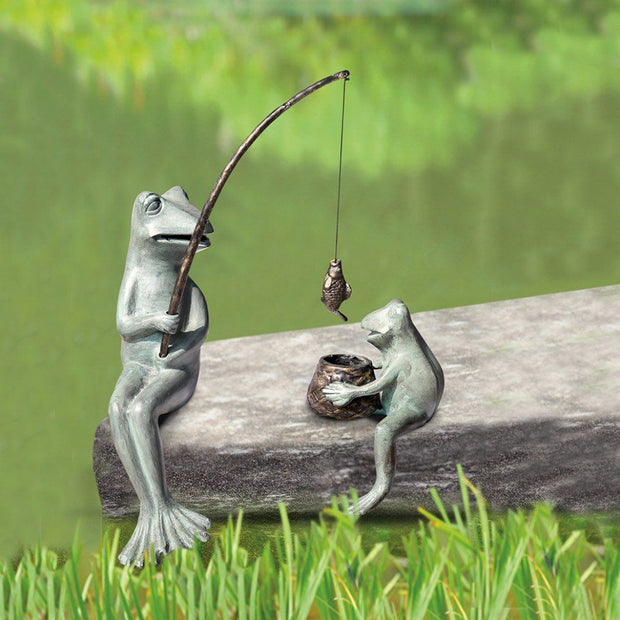 SPI Garden Fishing Frog Mama & Baby Sculpture Set