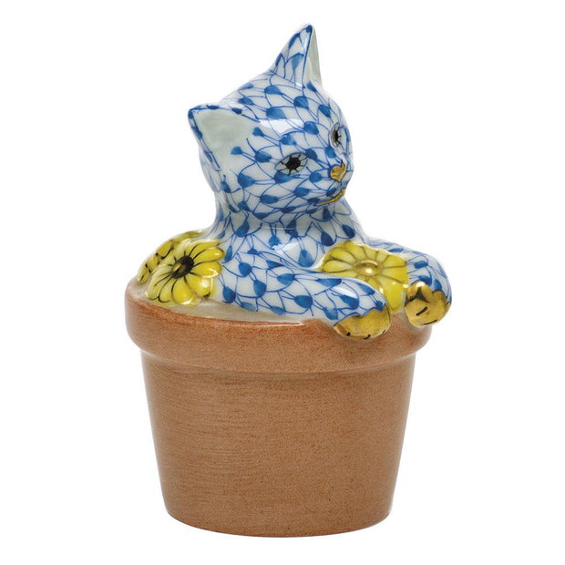 Herend Flower Pot Kitty Figurines Herend Blue 
