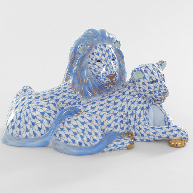 Herend Lion And Lioness Figurines Herend Blue 