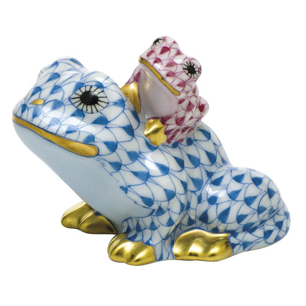 Herend Mother And Baby Frog Figurines Herend Blue + Raspberry (Pink) 