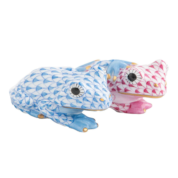 Herend Pair Of Frogs Figurines Herend Blue + Raspberry (Pink) 