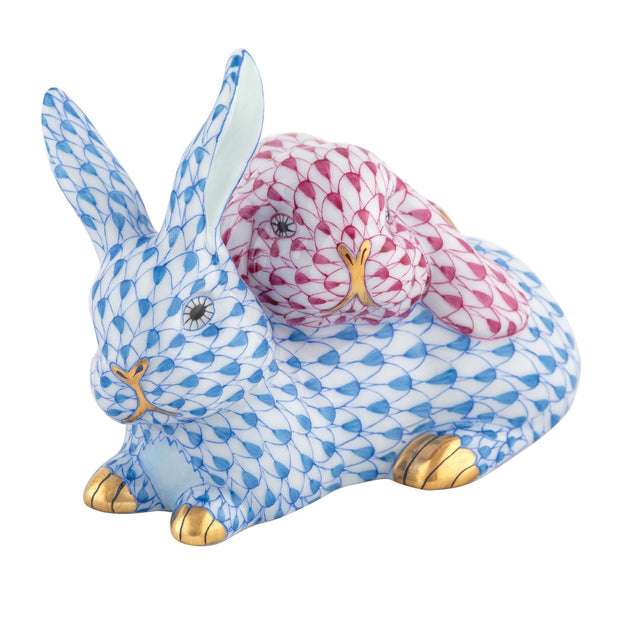 Herend Snuggle Bunnies Figurines Herend Blue + Raspberry (Pink) 