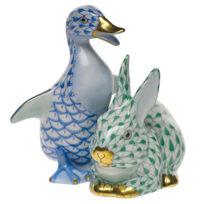 Herend Duckling & Bunny Figurines Herend Blue + Green 