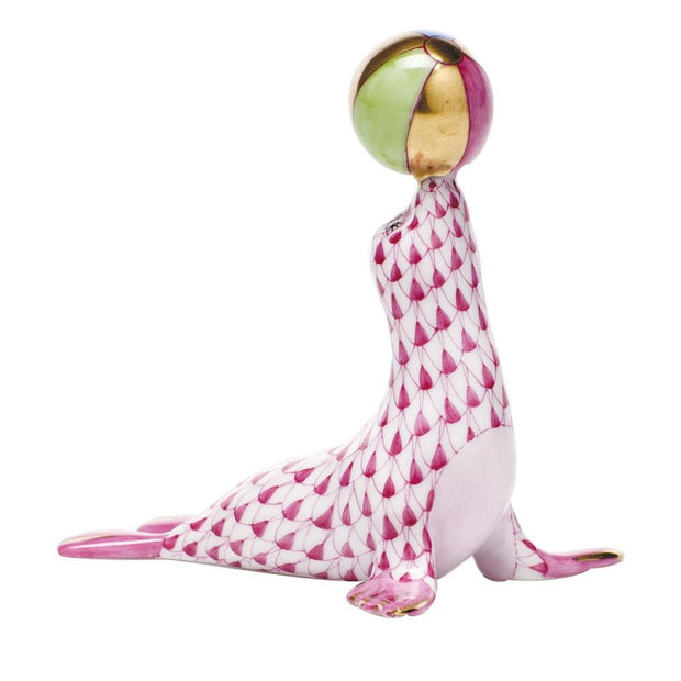 Herend Sea Lion W/Ball Figurines Herend Raspberry (Pink) 