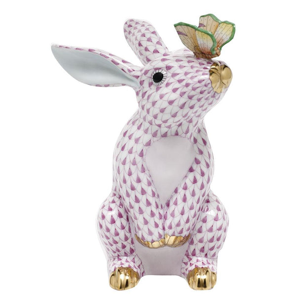 Herend Bunny W/Butterfly Figurines Herend Raspberry (Pink) 