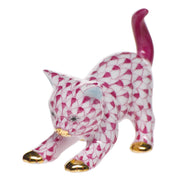 Herend Stretching Kitty Figurines Herend Raspberry (Pink) 