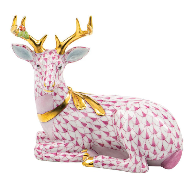 Herend Lying Christmas Deer Figurines Herend Raspberry (Pink) 