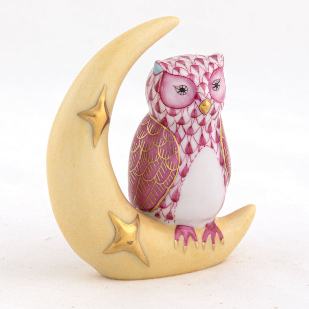 Herend Owl With Crescent Moon Figurines Herend Raspberry (Pink) 