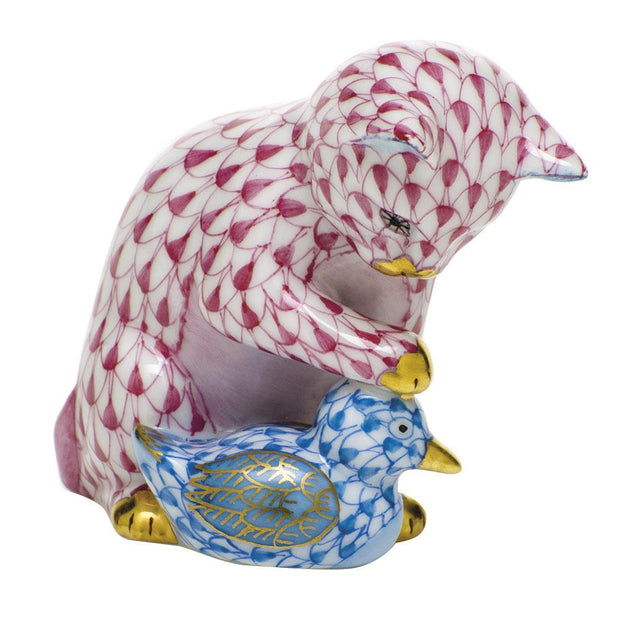 Herend Kitten And Duckling Figurines Herend Raspberry (Pink) + Blue 