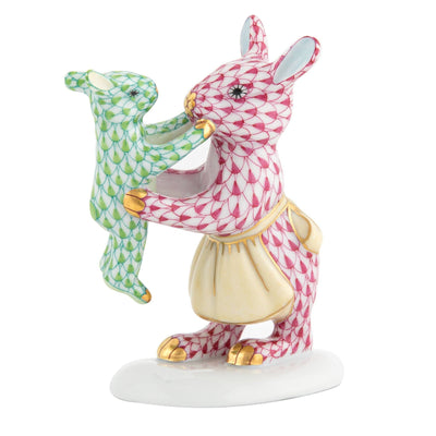 Herend Mother Bunny With Child Figurines Herend Raspberry (Pink) & Lime Green 
