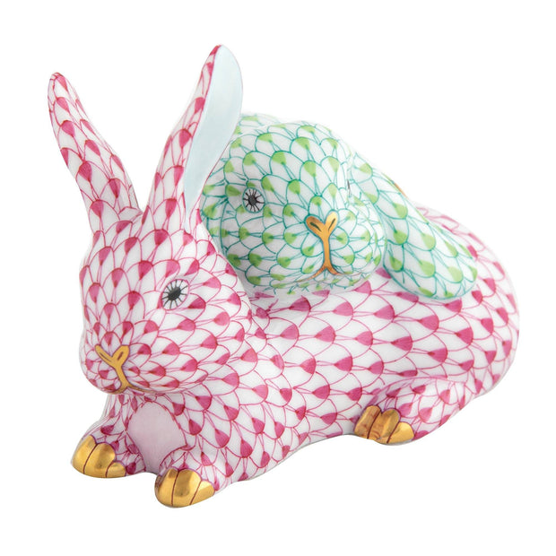 Herend Snuggle Bunnies Figurines Herend Raspberry (Pink) + Lime Green 
