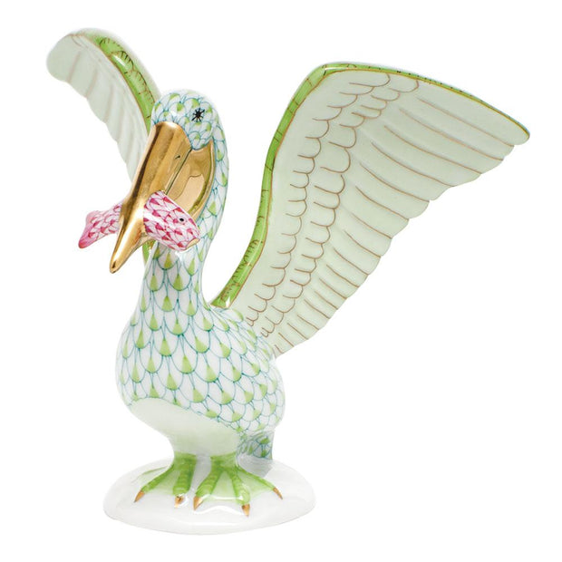 Herend Pelican W/Fish Figurines Herend Lime Green + Raspberry (Pink) 