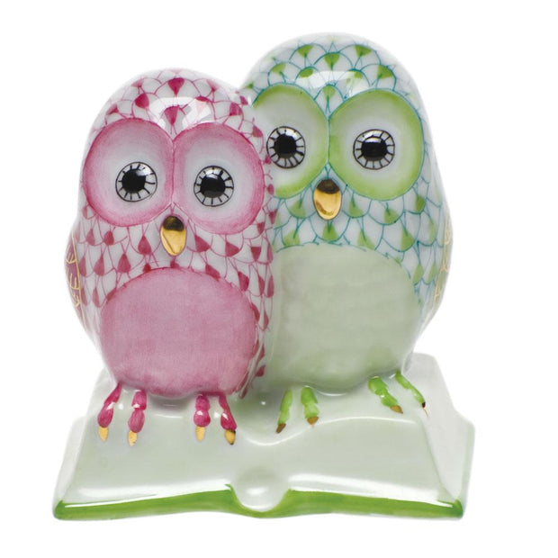 Herend Pair Of Owls On Book Figurines Herend Lime Green + Raspberry (Pink) 
