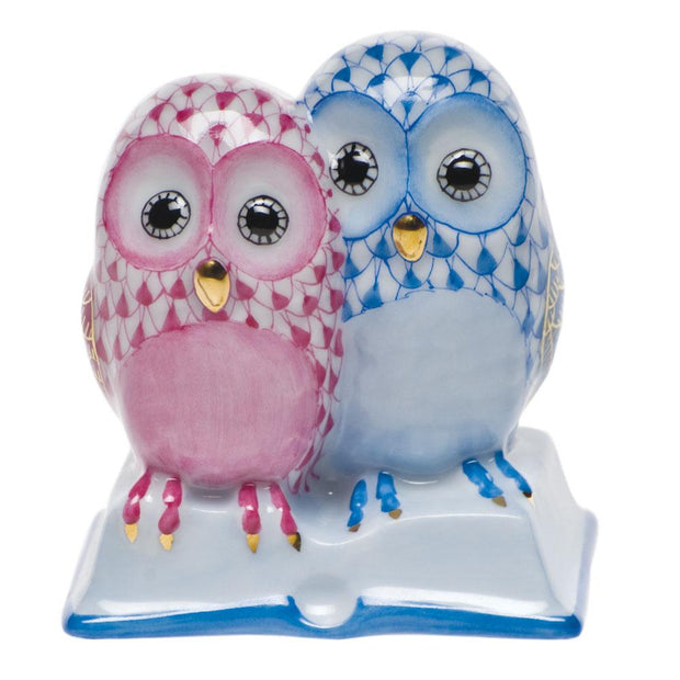 Herend Pair Of Owls On Book Figurines Herend Blue + Raspberry (Pink) 