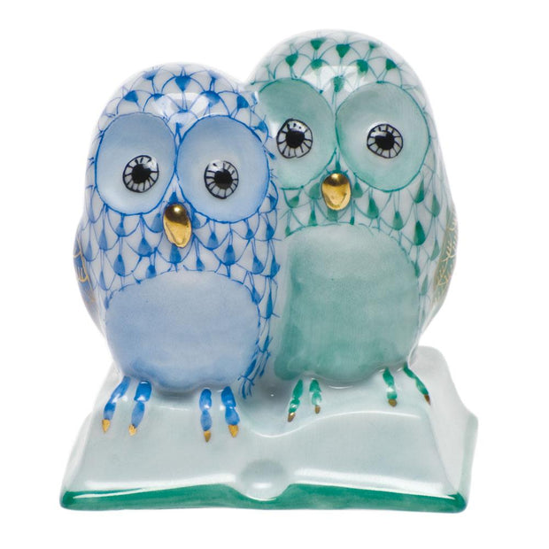 Herend Pair Of Owls On Book Figurines Herend Green + Blue 