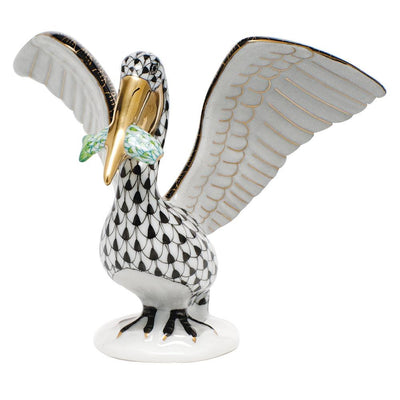 Herend Pelican W/Fish Figurines Herend Black + Key Lime 