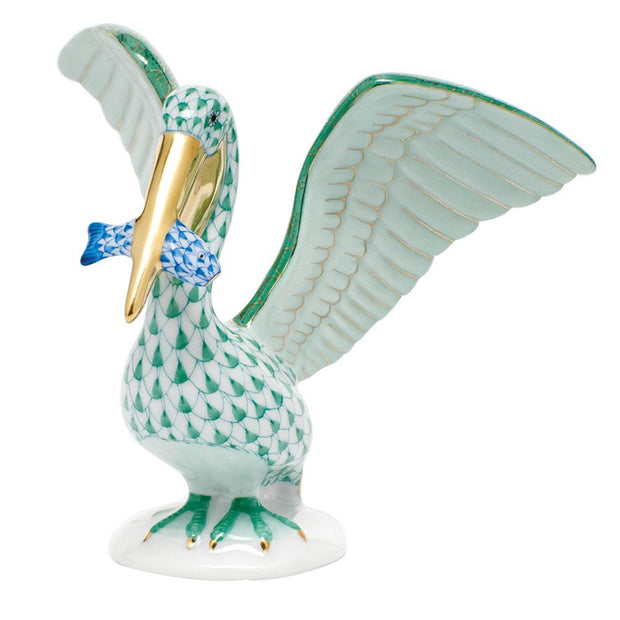 Herend Pelican W/Fish Figurines Herend Green + Blue 
