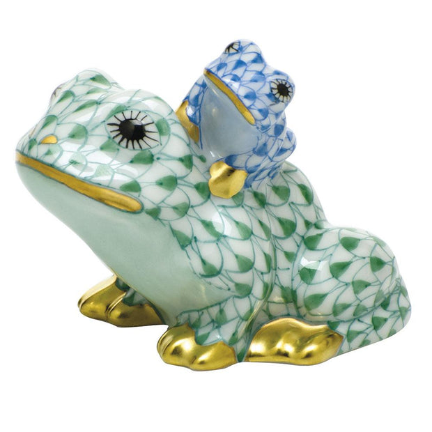 Herend Mother And Baby Frog Figurines Herend Green + Blue 