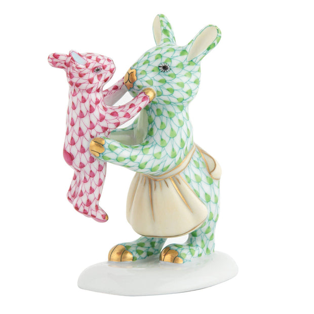 Herend Mother Bunny With Child Figurines Herend Lime Green + Raspberry (Pink) 