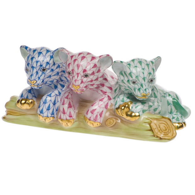 Herend Tiger Cubs Figurines Herend Blue + Raspberry (Pink) + Green 