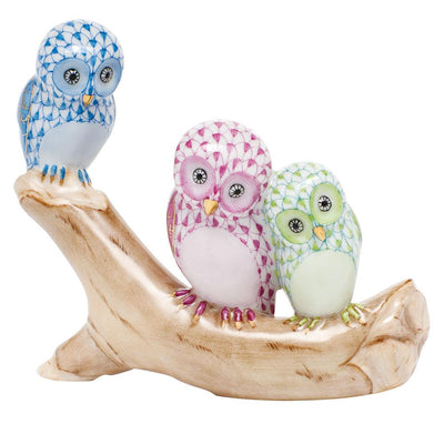 Herend Owls On Branch Figurines Herend Blue + Raspberry (Pink) + Lime Green 
