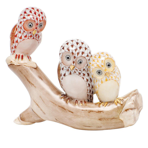 Herend Owls On Branch Figurines Herend Rust + Chocolate + Butterscotch 